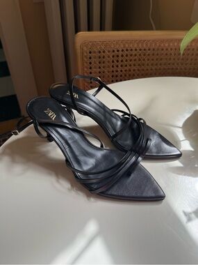 Black Leather Strappy Zara Kitten Heels